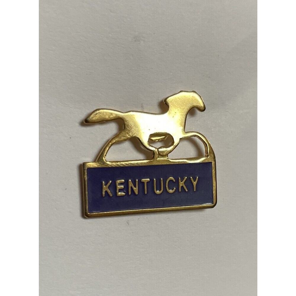 Vintage KENTUCKY Derby Gold Toned Metal Horse Blue Enamel Lapel Tack Hat Pin